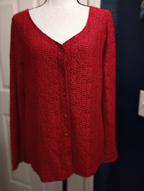 Red Lace Knit Button-Front Women's Top